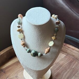 Earthtone Beaded Necklace with Green Accent and long wood necklace